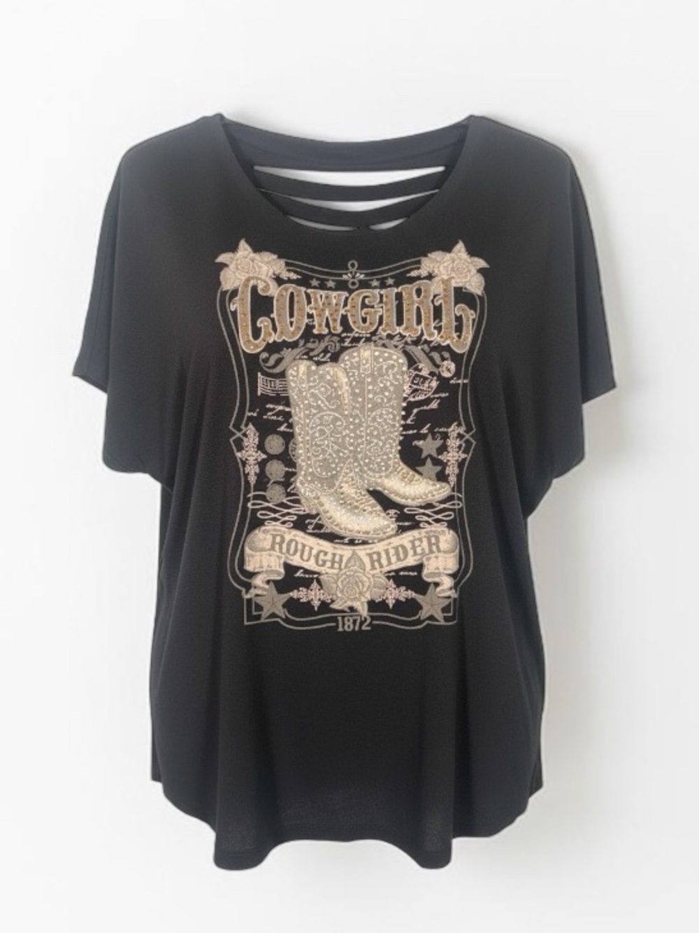 Vocal Black Cowgirl Graphic Tee with Cutout Back